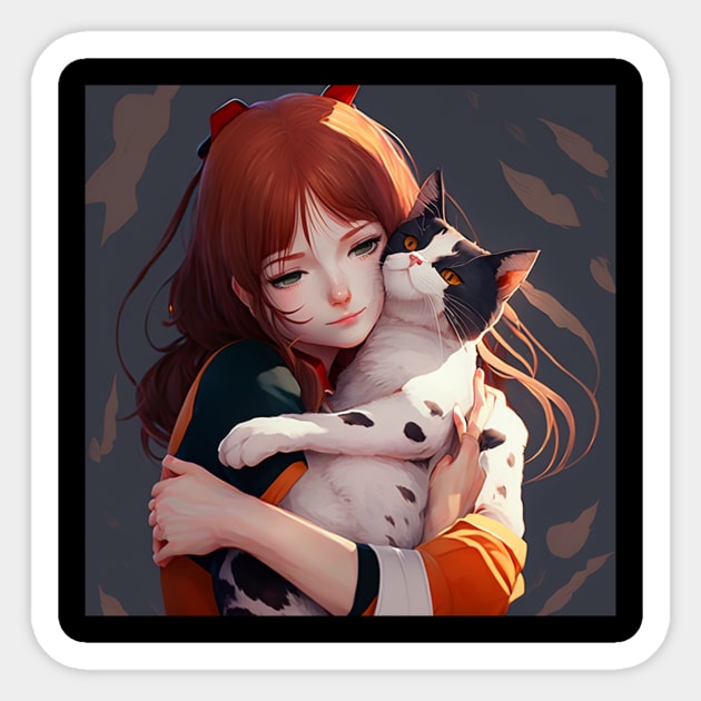 Illustration of woman hugging cat in anime style Sticker by KOTYA